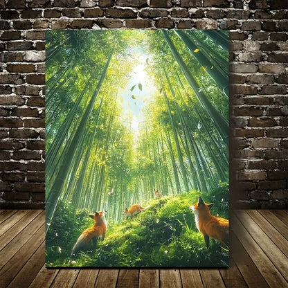 Serene Foxes in Bamboo Grove with Sunlight 40x60cm Metal Print Ready to Hang