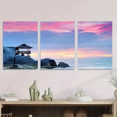 3pcs Coastal Sunset Beach Hut & Ocean Landscape Wall Art Set Canvas Unframed - High Quality Print 100% Australian Made Wall Canvas