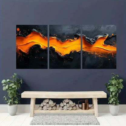 3pcs Black and Orange Acrylic Painting Metal Print Ready to Hang Art