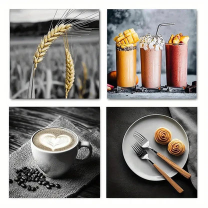 4pcs Coffee,Wheat,Smoothies,Desserts Black Wall Art Canvas Framed
