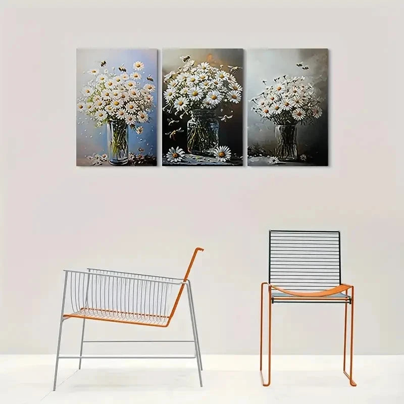 3pcs Daisy White Flower Green Leaves Metal Print Ready to Hang Art