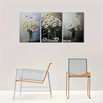 3pcs Daisy White Flower Green Leaves Metal Print Ready to Hang Art