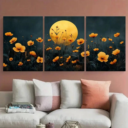 3pcs Floral with Golden Circle Dark Design Metal Print Ready to Hang Art