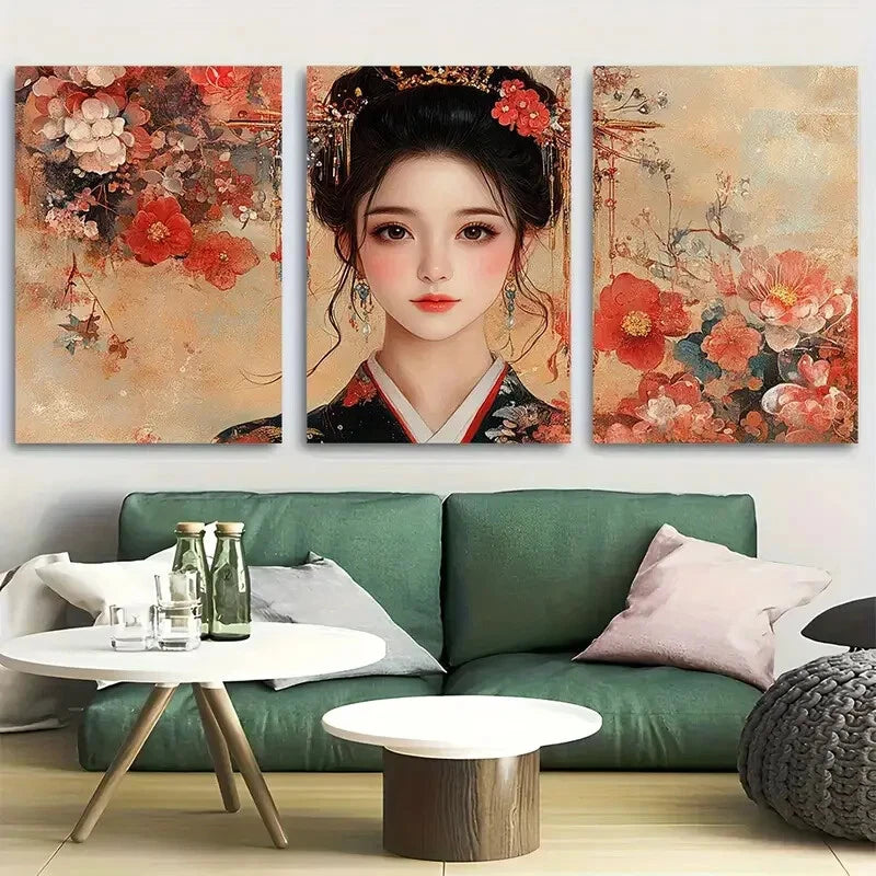 3pcs Floral Traditional Japanese Elegant Geisha Metal Print Ready to Hang Art