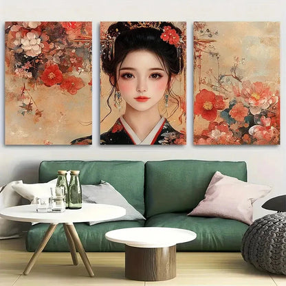 3pcs Floral Traditional Japanese Elegant Geisha Metal Print Ready to Hang Art