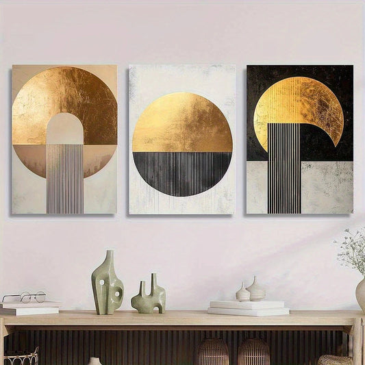 Three abstract art pieces on a wall with decorative items on a shelf below.