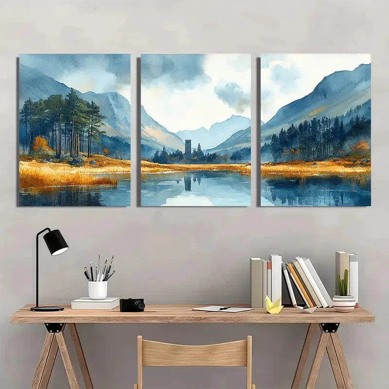 3pcs Wicklow Mountains Landscape Watercolor Art Metal Print Ready to Hang Art