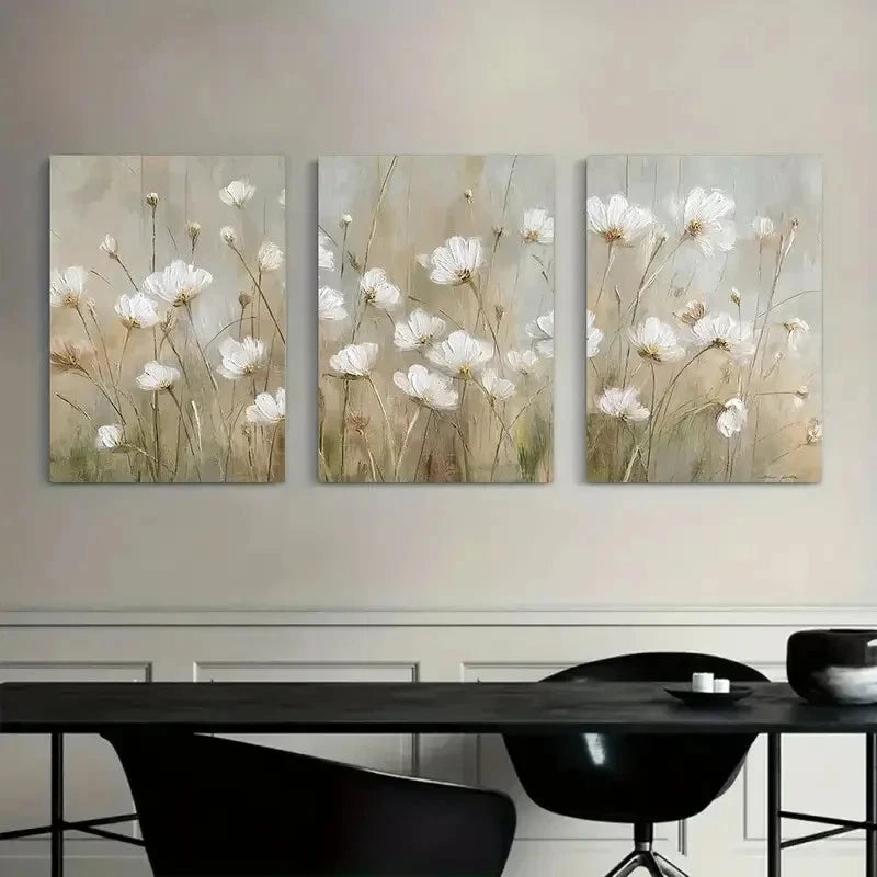 3pcs Delicate Painting of White Wildflowers Metal Print Ready to Hang Art