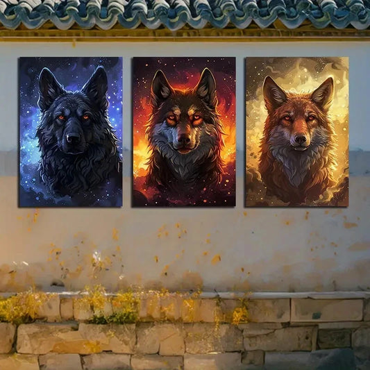 3pcs Vibrant furious Dogs Heads Illustration Metal Print Ready to Hang Art