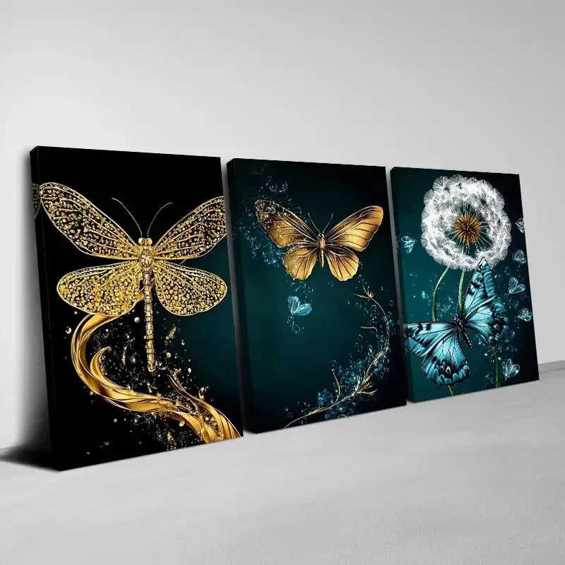 3pcs Enchanting Abstract Golden Butterfly Dandelion Wall Art Set Canvas Framed 50x70cm - High Quality Print 100% Australian Made Wall Canvas Ready to Hang - Bella Home Decor