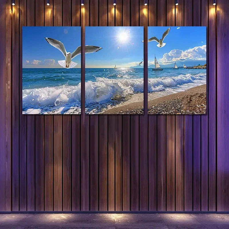 3pcs Beach with Seagulls Sailboats & Sunlit Sky Wall Art Set Canvas Framed 60x90cm - High Quality Print 100% Australian Made Wall Canvas Ready to Hang