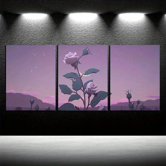 3pcs Vibrant Charming Roses with Moon View Wall Art Set Canvas Framed 40x60cm - High Quality Print 100% Australian Made Wall Canvas Ready to Hang - Bella Home Decor