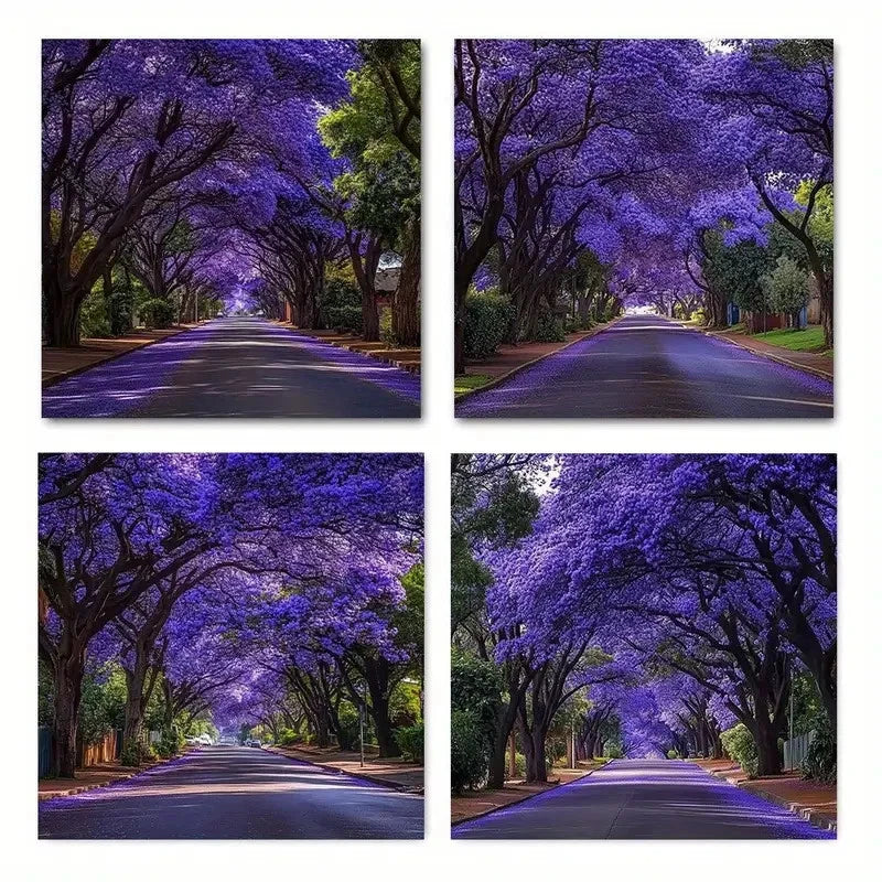 4pcsPurple Blossom Covered PathwayWall Art Canvas Framed