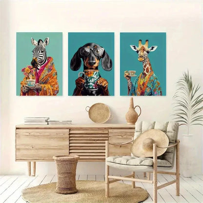 3pcs Zebra Giraffe Dachshund in Glasses Metal Print Ready to Hang Art