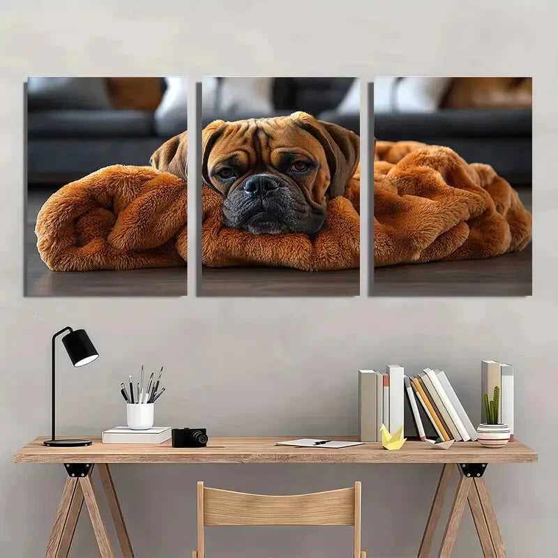 3pcs Cute Boxer Dog in Cozy Blanket Metal Print Ready to Hang Art