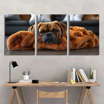 3pcs Cute Boxer Dog in Cozy Blanket Metal Print Ready to Hang Art