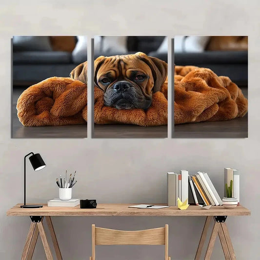 3pcs Cute Boxer Dog in Cozy Blanket Metal Print Ready to Hang Art