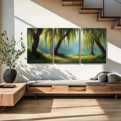 3pcs Artistic Willow Trees Serene Lake View Metal Print Ready to Hang Art