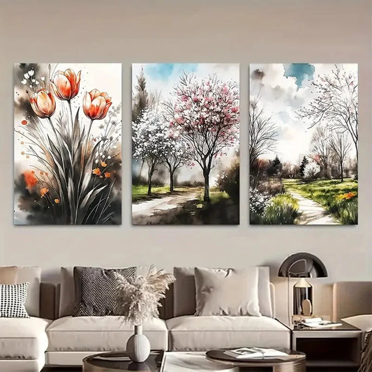 3pcs Cherry Blossom Gentle Tulip Watercolor Floral Metal Print Ready to Hang Art