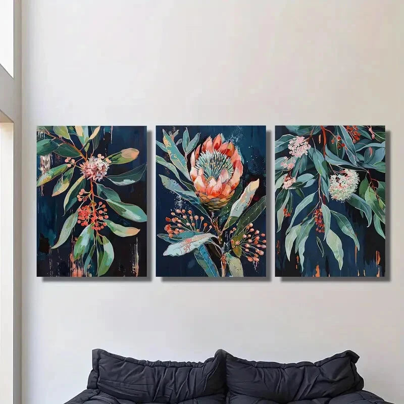 3pcs Blue Leaf Flower Painting Style Metal Print Ready to Hang Art