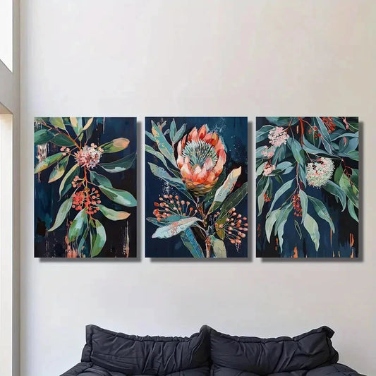 3pcs Blue Leaf Flower Painting Style Metal Print Ready to Hang Art