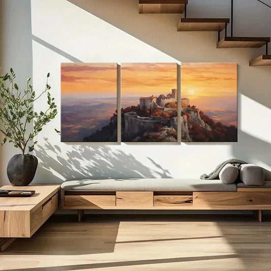 3pcs Sunset Castle Landscape Mountains Metal Print Ready to Hang Art