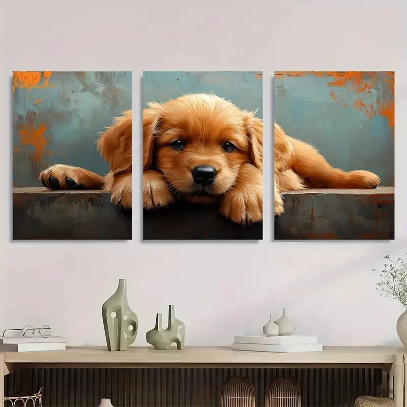 3pcs Adorable Golden Retriever Puppy Metal Print Ready to Hang Art