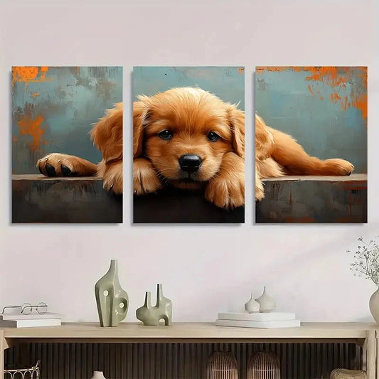 3pcs Adorable Golden Retriever Puppy Metal Print Ready to Hang Art