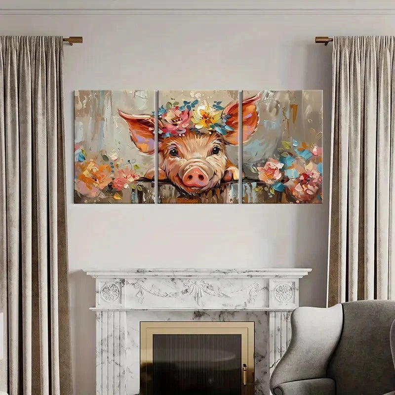 3pcs Pig Floral Crown Abstract Animal Art Metal Print Ready to Hang Art