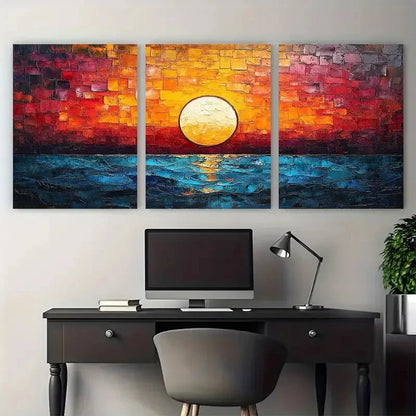 3pcs Vibrant Abstract Sunrise Mosaic Design Metal Print Ready to Hang Art
