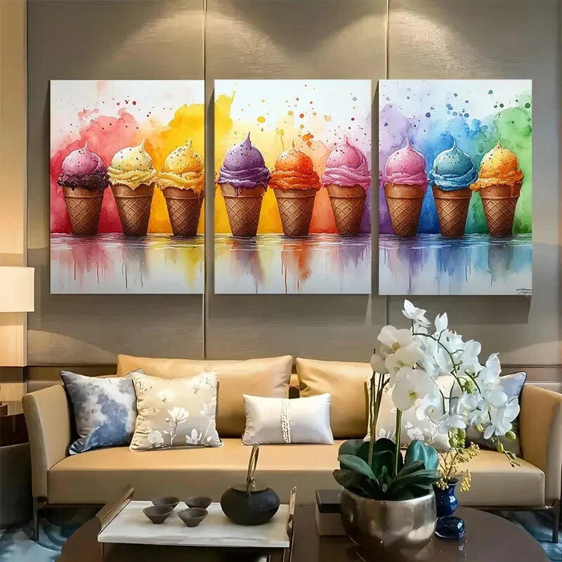 3pcs Ice Cream Cone Watercolor Design Metal Print Ready to Hang Art
