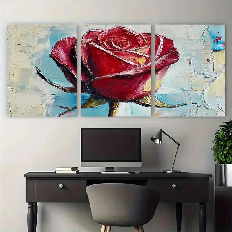 3pcs Red Rose Floral Abstract Impasto Design Metal Print Ready to Hang Art