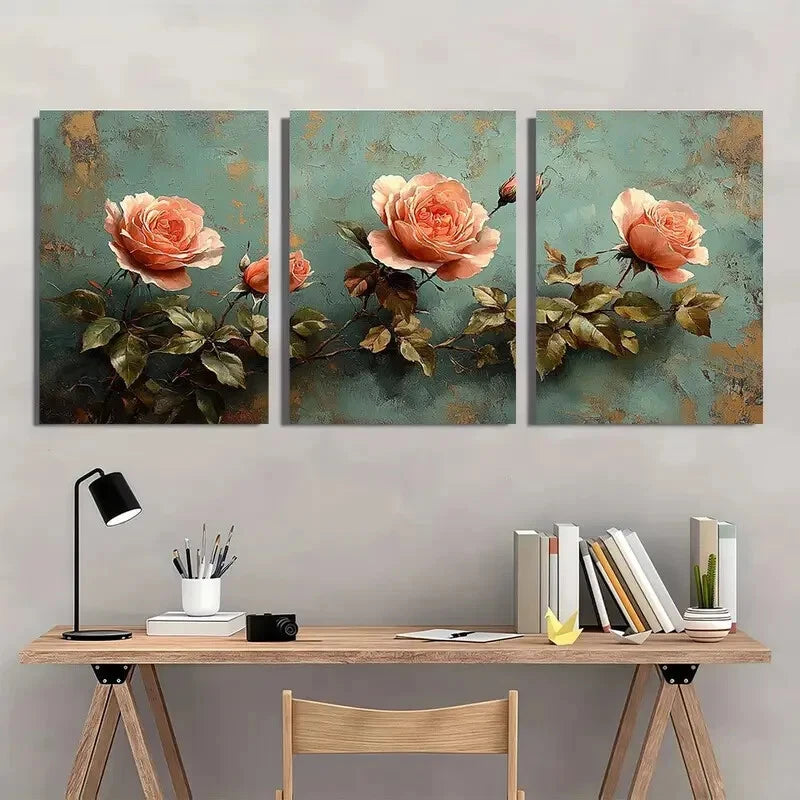 3pcs Featuring Pink Roses & Green Foliage Metal Print Ready to Hang Art