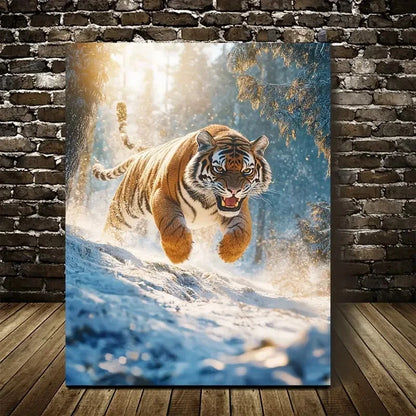 Tiger Running on Snowy Mountain Scene Painting 40x60cm Metal Print Ready to Hang