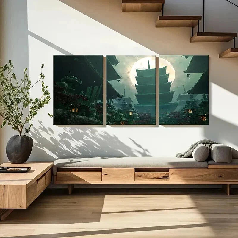 3pcs Japanese Style Shrine & Moon Landscape Wall Art Set Canvas Framed 40x60cm - High Quality Print 100% Australian Made Wall Canvas Ready to Hang