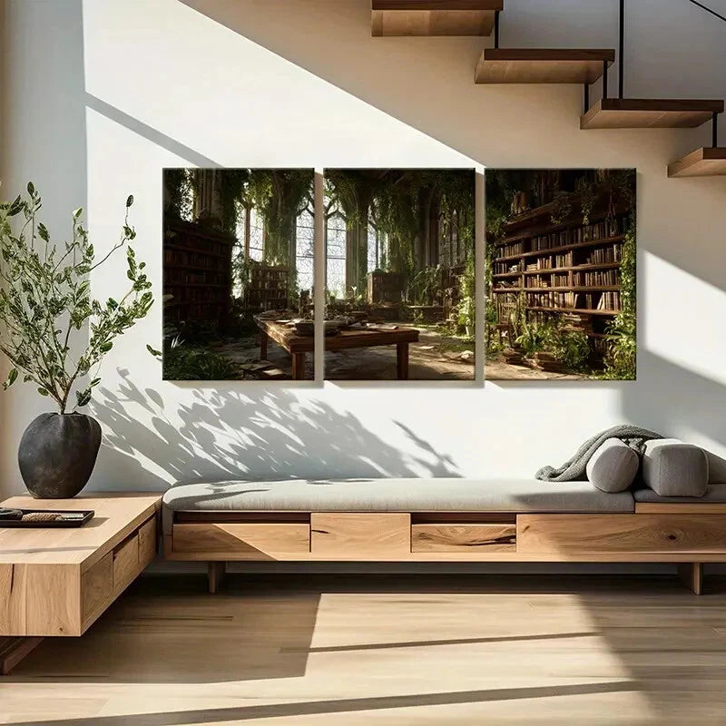 3pcs Enchanted Gothic Architecture Bookshelves Metal Print Ready to Hang Art