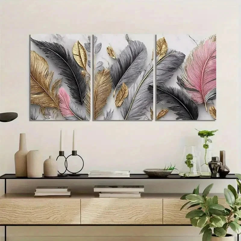 3pcs Feathers And Leaves in Black And Gray Metal Print Ready to Hang Art