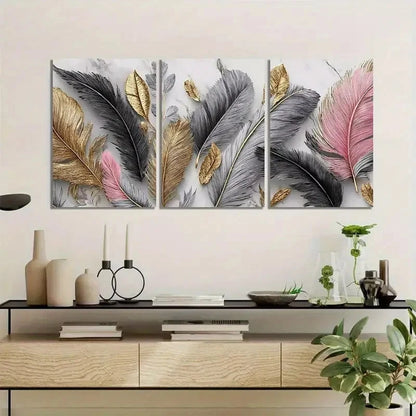 3pcs Feathers And Leaves in Black And Gray Metal Print Ready to Hang Art