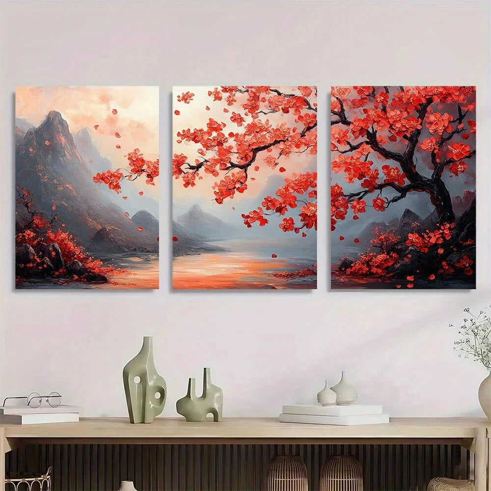 3pcs Cherry Blossom Pink Modern Leaves Metal Print Ready to Hang Art