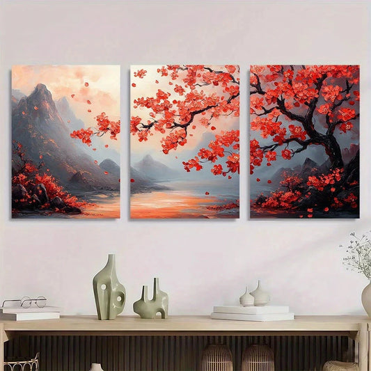 3pcs Cherry Blossom Pink Modern Leaves Metal Print Ready to Hang Art