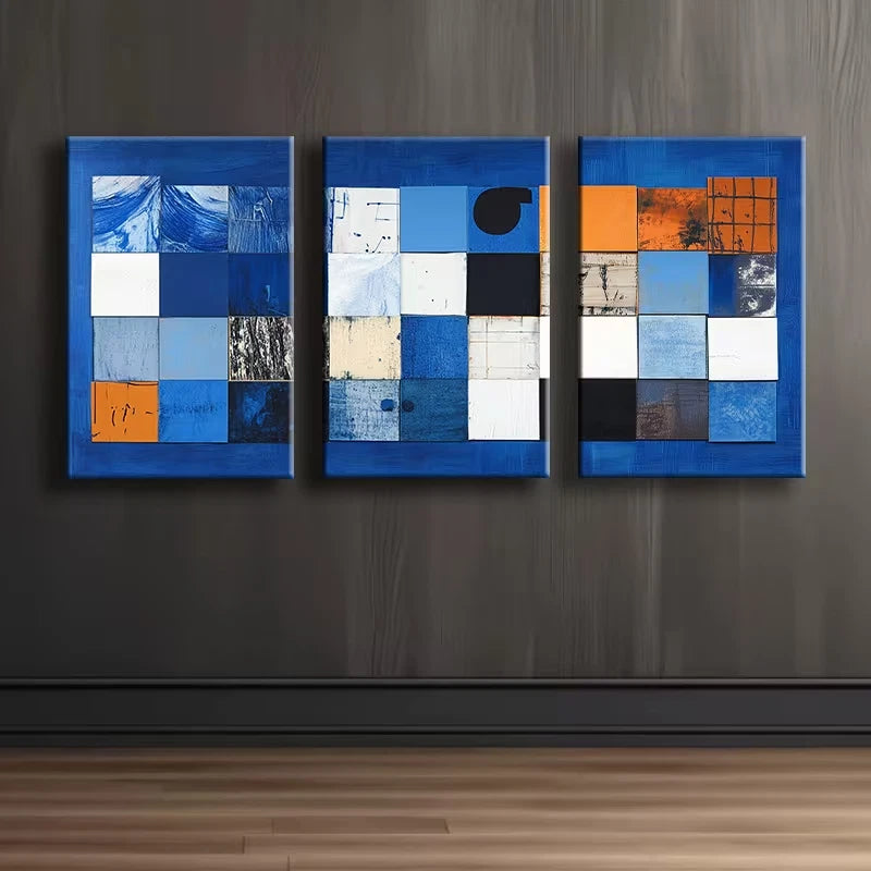 3pcs Blue square Abstract Illustration Wall Art Set Canvas Framed 60x90cm - High Quality Print 100% Australian Made Wall Canvas Ready to Hang