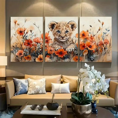 3pcs Lion Cub Playing in Wildflowers Metal Print Ready to Hang Art