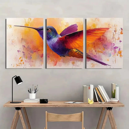 3pcs Purple Hummingbird Bird Themed Wall Art Set Canvas Framed 50x70cm - High Quality Print 100% Australian Made Wall Canvas Ready to Hang