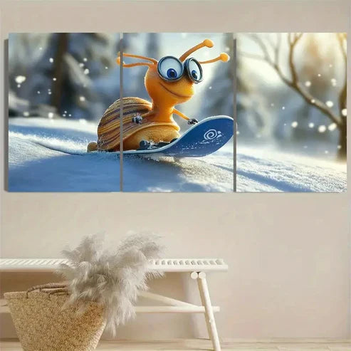 3pcs Whimsical Snowboarding Snail Wall Art Set Canvas Unframed - High Quality Print 100% Australian Made Wall Canvas