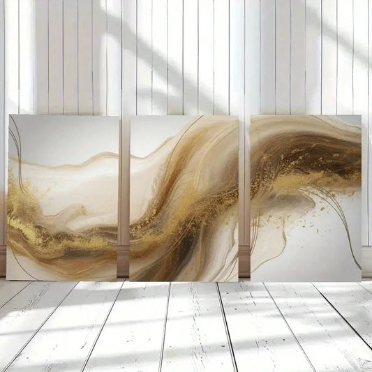 3pcs Golden Foil Ink Wash Decorations Painting Metal Print Ready to Hang Art
