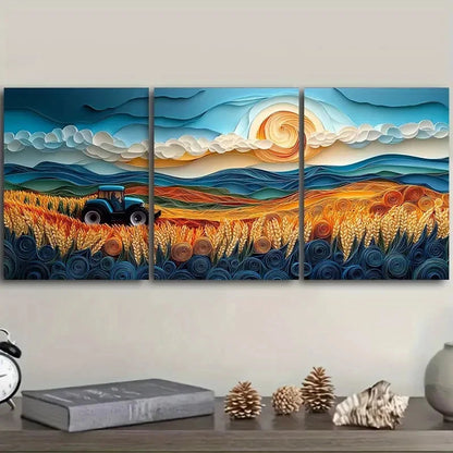 3pcs Abstract Colourful Paddy Field Sun Metal Print Ready to Hang Art