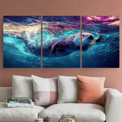 3pcs Cute Sea Otter Swimming in Blue Water Wall Art Set Canvas Framed 50x70cm - High Quality Print 100% Australian Made Wall Canvas Ready to Hang
