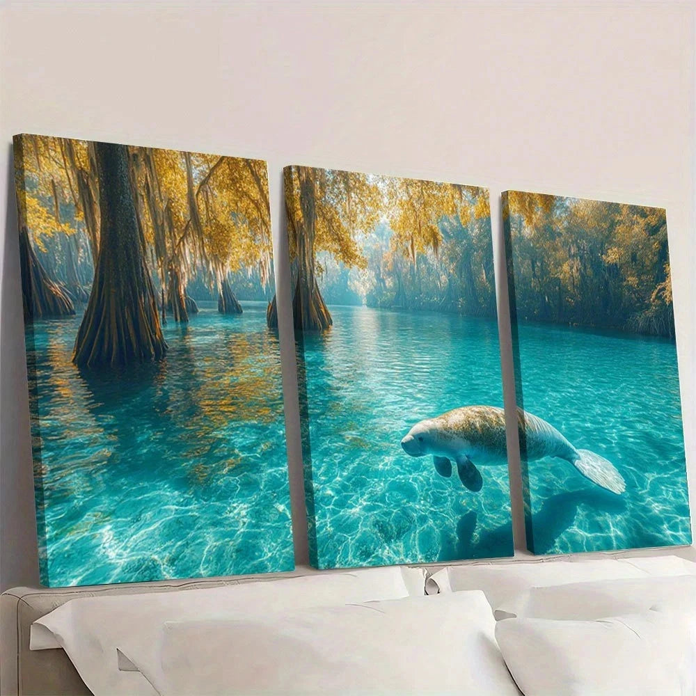 3pcs Serene Manatee Crystal Clear Waters Wall Art Set Canvas Framed 40x60cm - High Quality Print 100% Australian Made Wall Canvas Ready to Hang