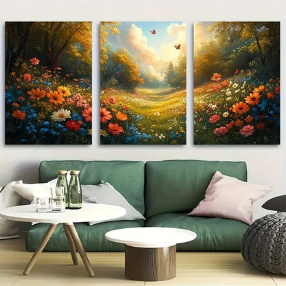3pcs Vibrant Spring Butterflies Blooming Flowers Metal Print Ready to Hang Art
