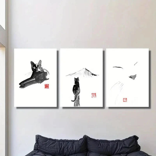 3pcs Cat watercolor art, black cat decorative Metal Print Ready to Hang Art